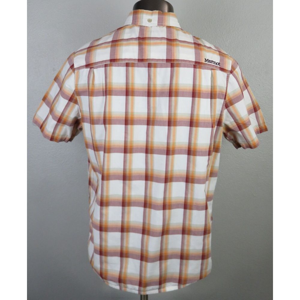 Mens Marmot Short Sleeve Button Front Shirt Size L Orange Red White Plaid Hiking - Picture 2 of 8